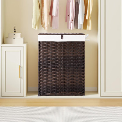 Handwoven Rattan Laundry Hamper with Lid, 90L Dual Compartment Basket with 2 Removable Bags & 2 Mesh Bags for Clothes & Toys Storage
