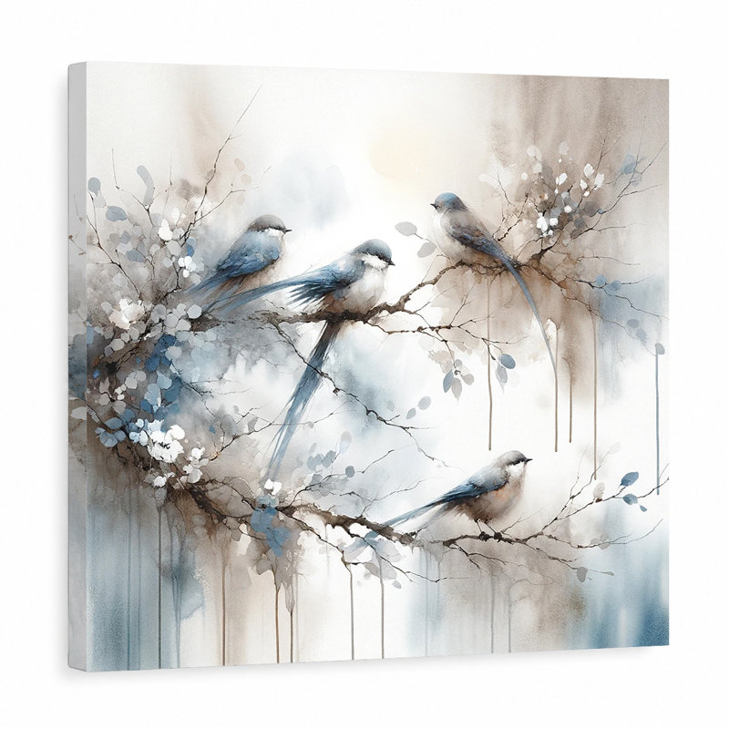 Blue Bird Branch Wall Art, Watercolor Canvas Print, Neutral Nature Farmhouse Decor, 30" H x 30" W