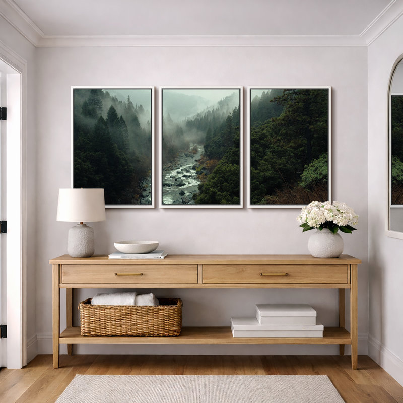 "Misty Forest Landscape", "Hazy Moody Dark Green River Nature", Tranquil Panoramic Modern Rustic Woodland Wall Art