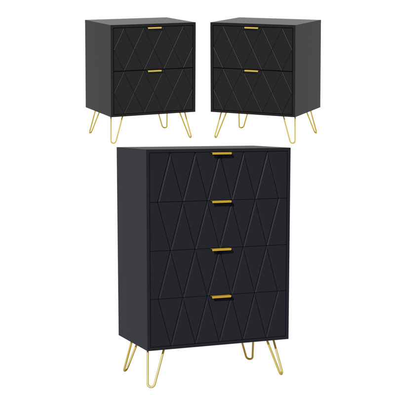 Ensemble de commode de chambre à coucher 4 tiroirs l 23,6 po avec table de chevet 2, Noir