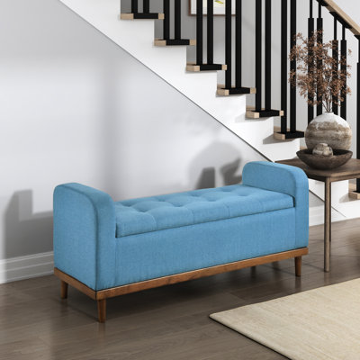 Banc de rangement à plateau relevable de style moderne Mid-Century, bleu, noyer de bois massif, essentiel pour la chambre à coucher, banc avec limite de poids de 300 lb, style, rembourré, structure, support