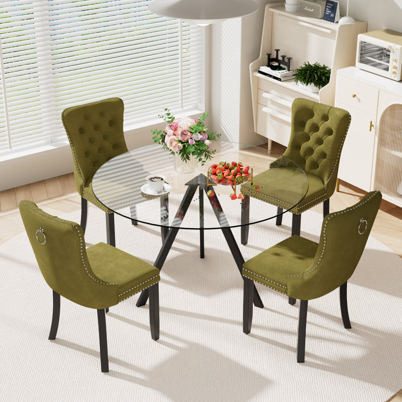 5-Piece Pedestal Dining Set, Olive Green, 30" H x 47" W x 47" D