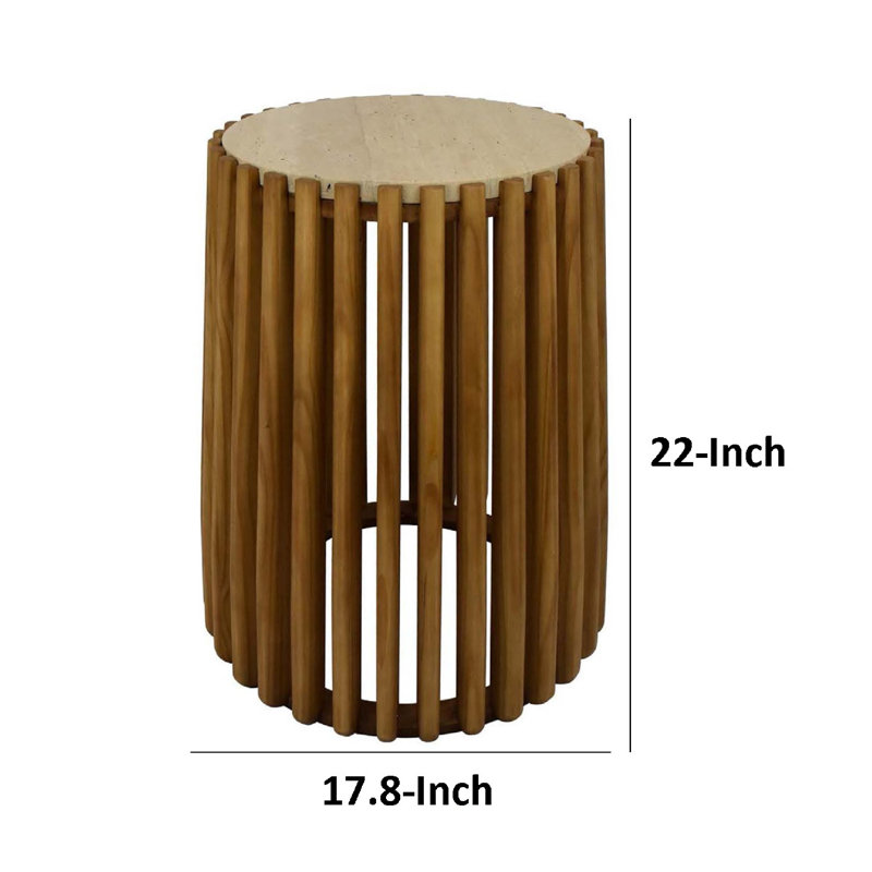 Table de bout Gexy, plateau en marbre, base cylindrique à lattes, brun, H 22 po x l 17,80 po x P 14,50 po