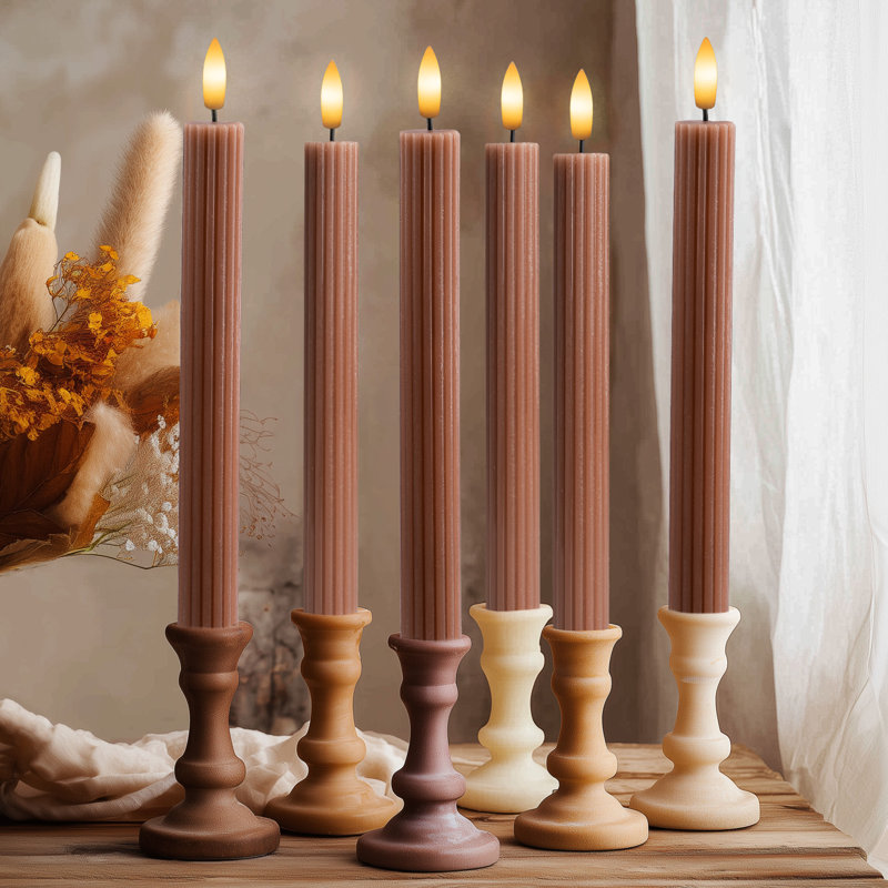 Fluted Ribbed Grooved LED Flameless Taper Candles, Remote, On/Off Button, Battery Operated, 12 Pack, Brown Tan