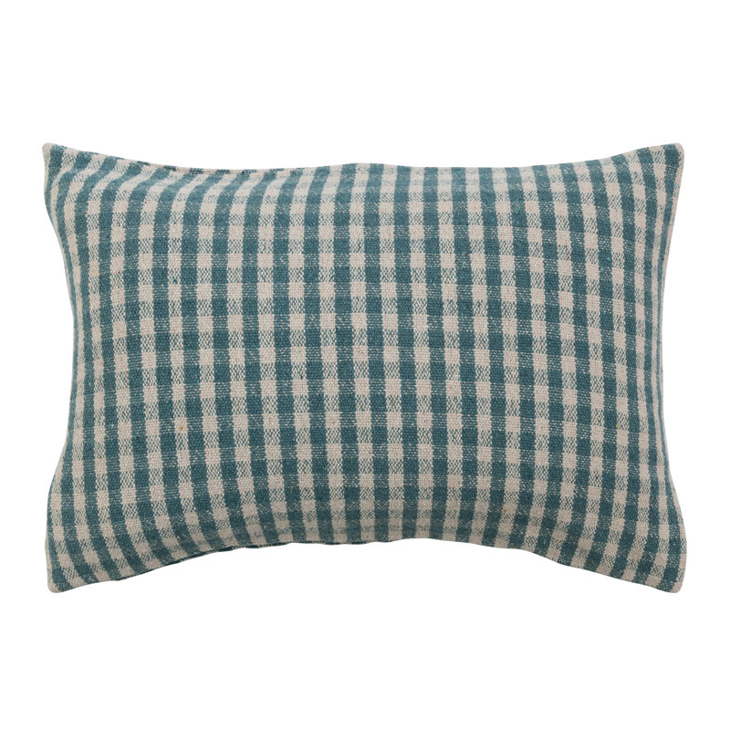 Teal and White Gingham Cotton Blend Lumbar Pillow Cover