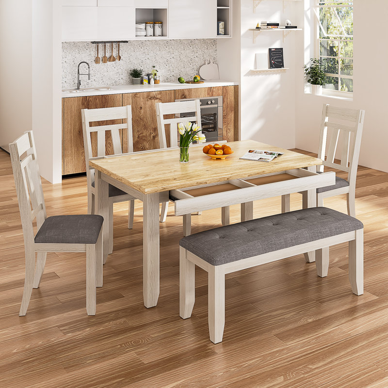 Ensemble de table de salle à manger 6 pièces en bois massif avec 2 tiroirs, 4 chaises et 1 banc, ensemble de salle à manger en bois d'hévéa