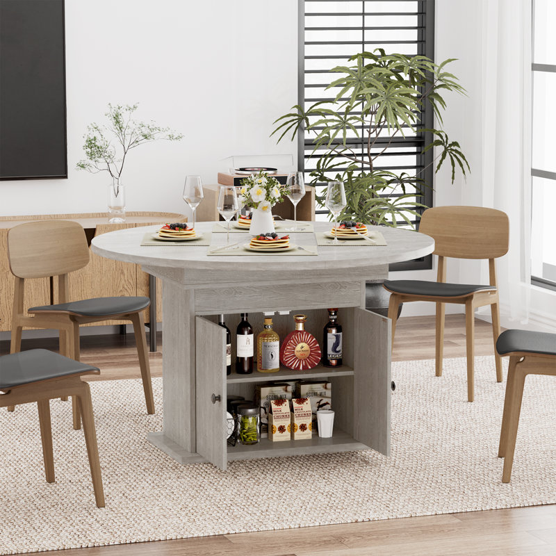 Table de salle à manger extensible en bois massif avec armoire de rangement - Sièges de table extensibles ronds à ovales 6-8, grain de noyer naturel, idéal pour la salle à manger et les petits appartements, gris