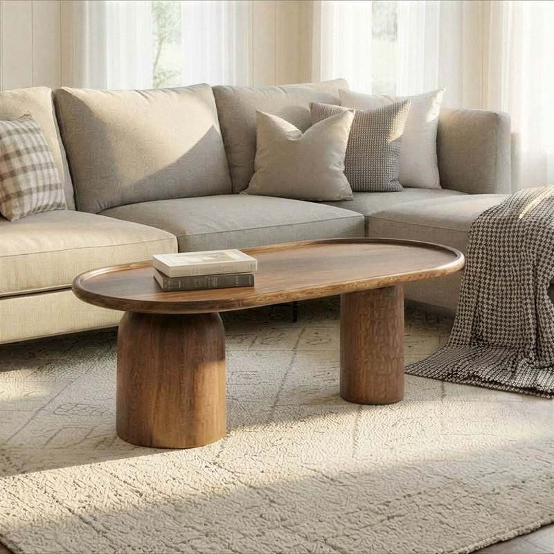 Table basse asymétrique ovale en bois de manguier avec plateau surélevé