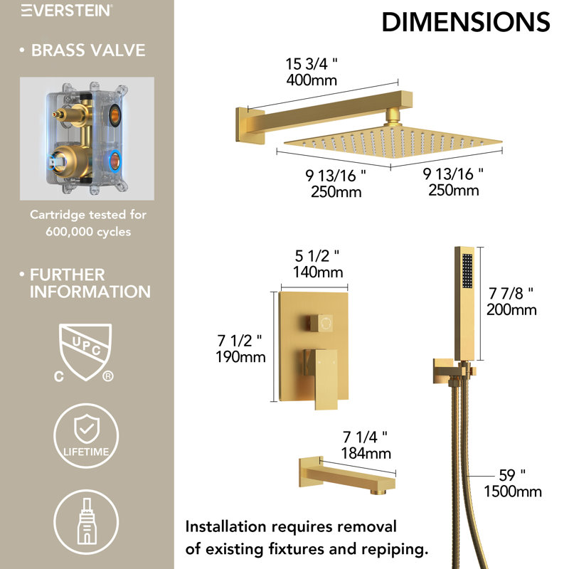 Wall Mount 10" High-Pressure Rainfall Shower System, Tub Shower Faucet Set with Rough-in Valve, Brushed Gold