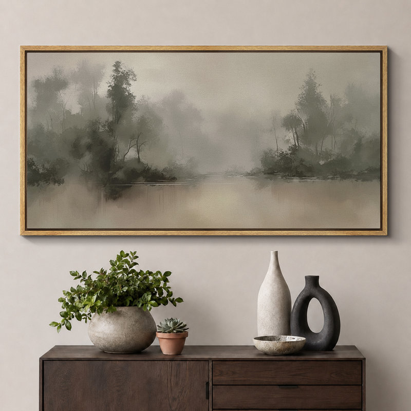Large Framed Canvas Print Wall Art - Neutral Abstract Forest Landscape Print for Vintage Home Decor, 30" H x 60" W, Natural
