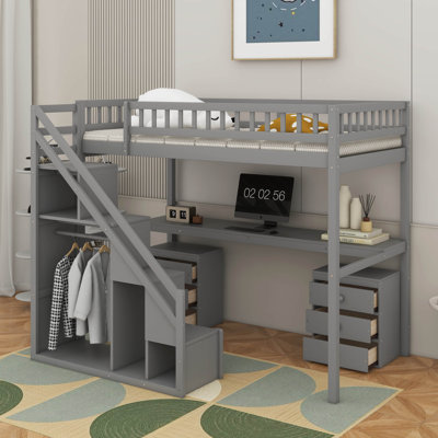 Twin Size Loft Bed With Two Chest Of Drawers, Desk And Light Strip