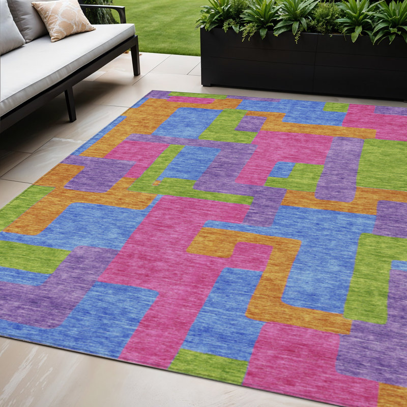 Tapis extérieur lavable abstrait mauve rose et bleu 5 pi x 8 pi
