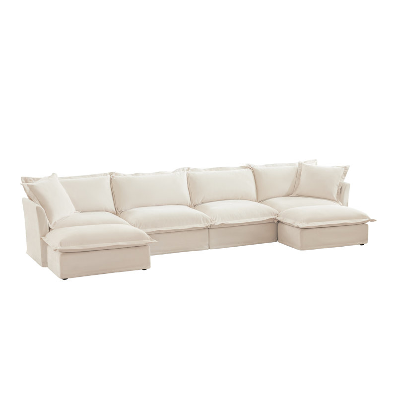 Canapé modulaire en U en chenille crème avec housse en U - Coussin de siège profond avec bords français et coussins surdimensionnés
