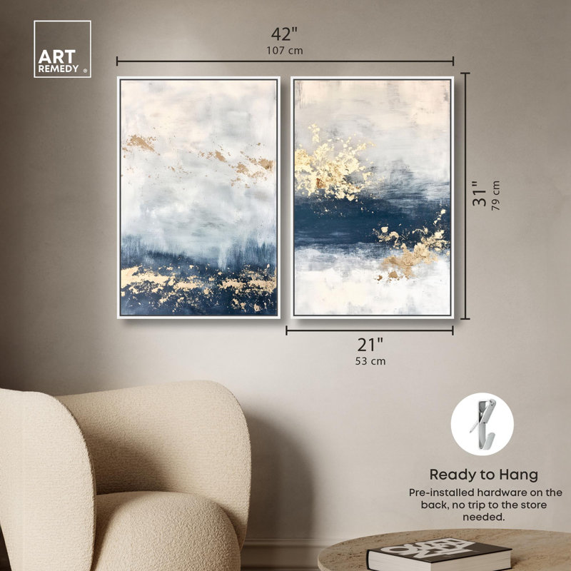 «Gilded Coastal Calm Blue Art», ensemble de 2 impressions sur toile par , H 31 po x l 21 po, Blanc