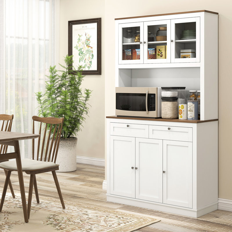 Armoire de cuisine avec 5 portes, 2 tiroirs, tablettes réglables, support à micro-ondes, blanc pour le garage, salle de rangement H 72,57 po, maison