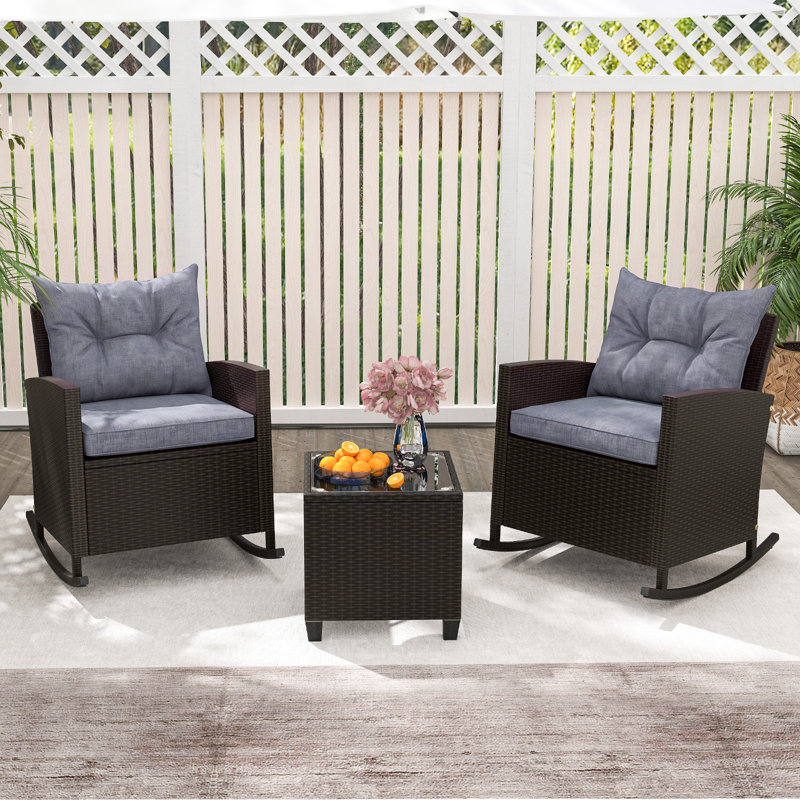 Ensemble de jardin 3 pièces en résine tressée avec table en verre trempé et coussins moelleux, Gris