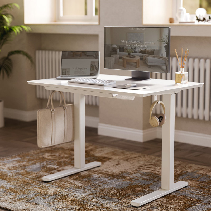 Electric Height Adjustable Standing Desk with Glass Top and Drawer Storage, 48" W x 23.6" D