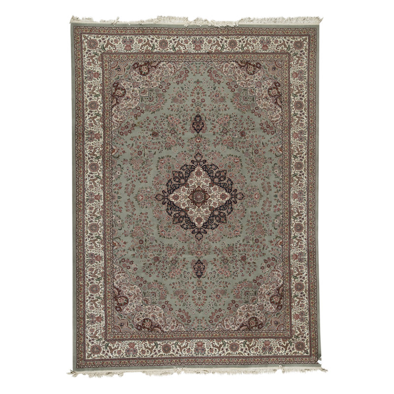 Tapis vert clair et bleu marine noué à la main de haute qualité