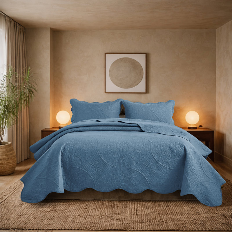 Floral Embossed Microfiber Quilted Bedspread Set, Washed Blue, King Coverlet/Bedspread + 2 King Pillowcases