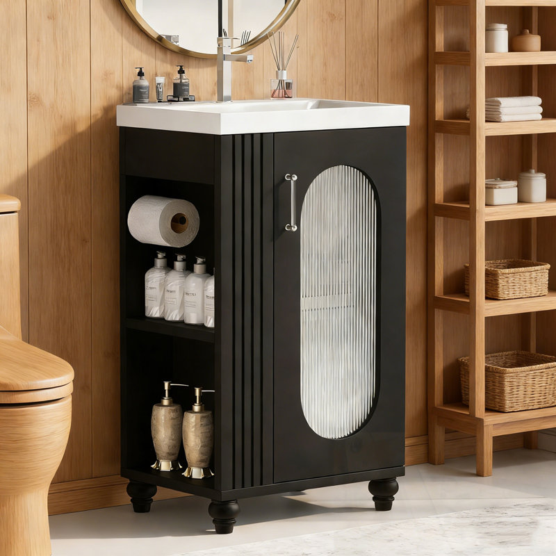 Meuble-lavabo de salle de bain avec lavabo, tablette à deux niveaux et tablette réglable, Noir