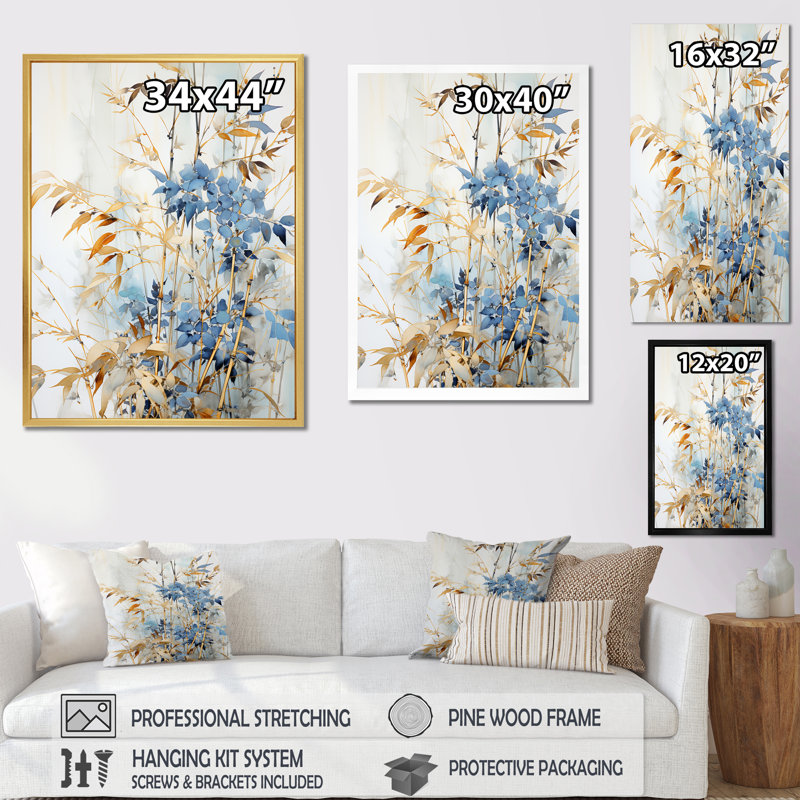 Décoration murale bleue et dorée en bambou Zen V - Bamboo_106596, H 32 po x l 16 po x P 1 po, Cadre doré simple