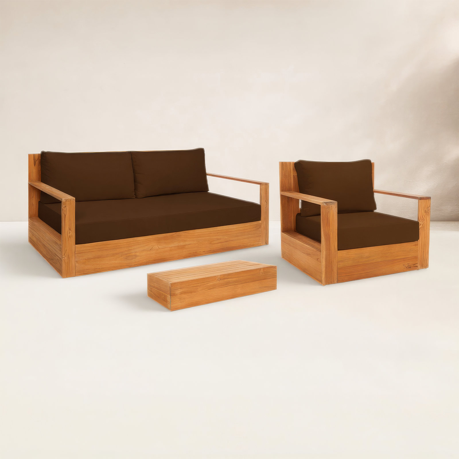 Azul Teak 3 - Person Patio Conversation Set with Cushions, Chocolate Performance Olefin