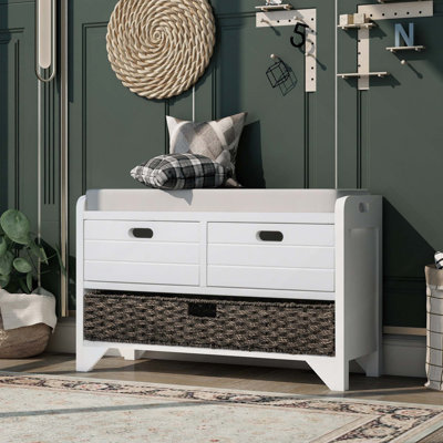 Banc de rangement avec panier amovible, 2 tiroirs et coussin amovible