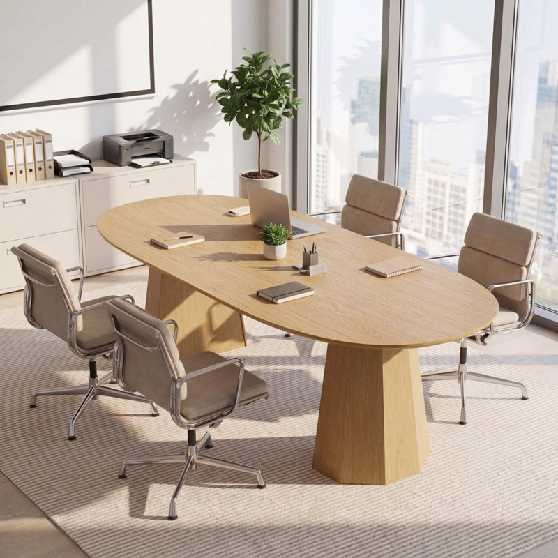 Table de conférence ovale moderne de 200 cm (79 pouces) avec double piétement, 8 places assises, idéale pour les réunions au bureau ou à la salle à manger.