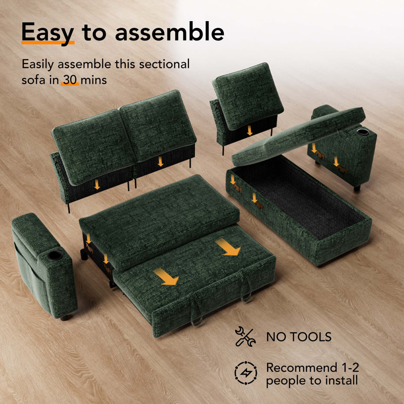 82" L Shaped Sectional Sofa Couch, Pull Out Couch Sleeper Sofa Bed For Living Room, Modular Chenille Deep Seat Sofa, Reversible Chaise, Storage, Side Pockets