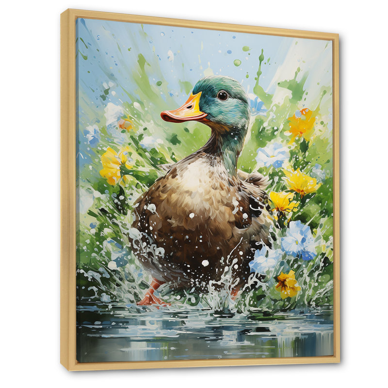 «Duck Springtime Splash Blooms», art mural canard, H 32 po x l 24 po x P 1 po, Cadre flottant brun