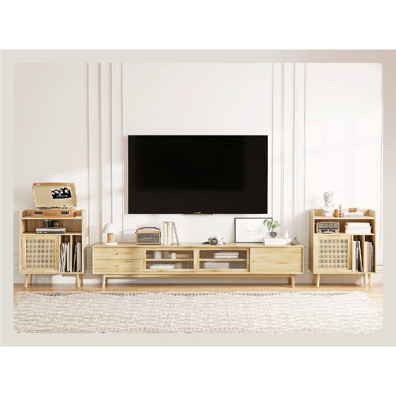 Record Player Stand with Open Shelves and Enclosed Cabinet, Bohemian Modern Media Console for Living Room, Big