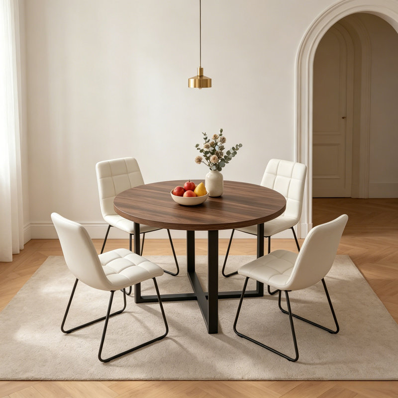 5-Piece Round Dining Table Set With 4 Dining Chairs, Kitchen Dining Table Group With Cross Metal Base, Walnut, White