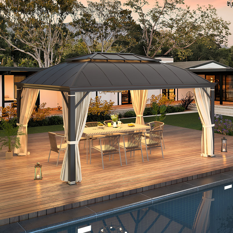 12'x16' Hardtop Gazebo, Permanent Outdoor Aluminum Patio Gazebo With Aluminum Composite Double Arc Roof For Patio Lawn And Garden, Curtains And Netting Included