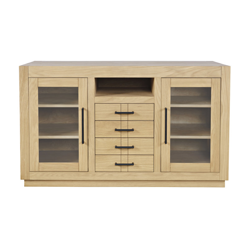 Console média contemporaine 60 po avec portes en verre trempé, tiroirs et tablettes réglables Kavia - chêne clair, Bois brun