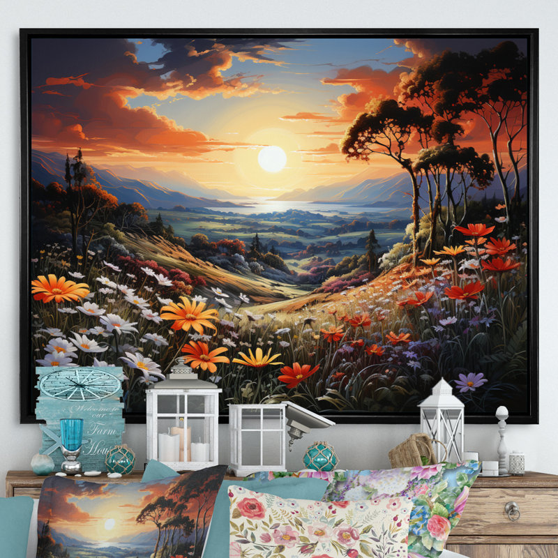 Wildflowers Sunlit Meadows sur toile, H 16 po x l 32 po x P 1 po, Cadre flottant noir
