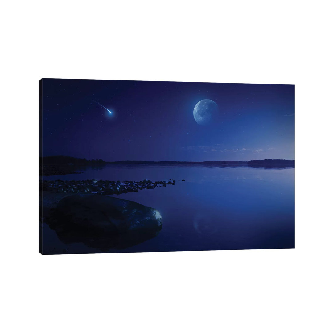 Tranquil Lake Against Starry Sky, Moon And Falling Meteorite, Finland I by Evgeny Kuklev - Wrapped Canvas Print