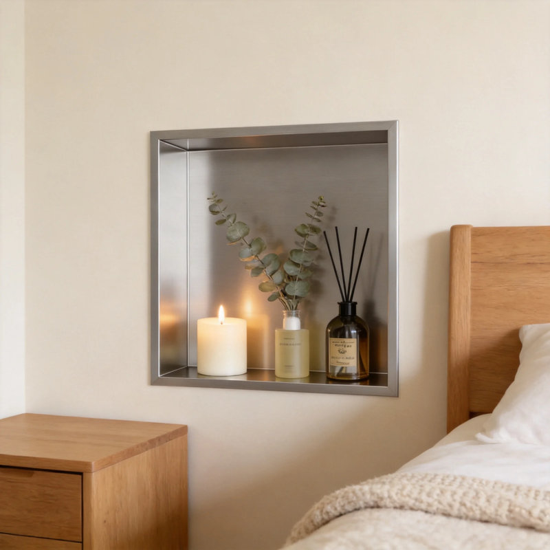 Niche de douche encastrée en acier inoxydable nickelé brossé 30,5 x 30,5 cm – Rangement mural pour salle de bain, cuisine et VR