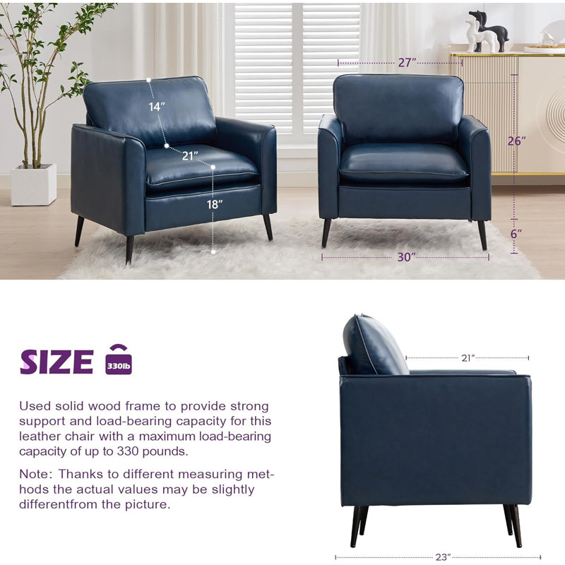 32In Wide Faux Leather Armchair (Set Of 2), Blue Faux Leather