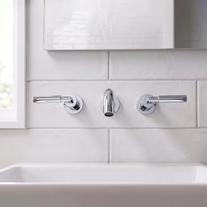 Robinet de lavabo de salle de bain mural moderne à 2 poignées en chrome poli, laiton massif sans plomb avec bonde