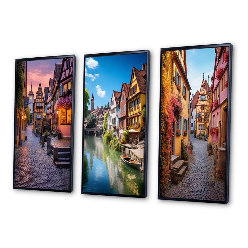 "Allemagne Rothenburg Street", 3 pièces sur toile, Cadre noir, H 40 po x l 60 po