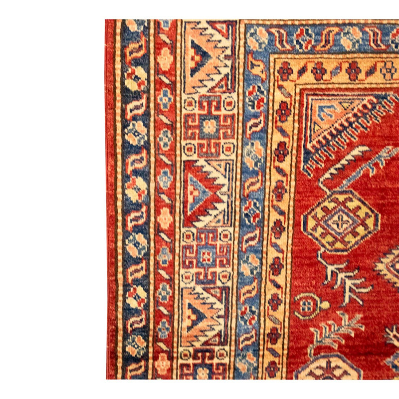 Tapis rouge / bleu / beige en laine noué à la main de conception unique 5 pi 11 po x 8 pi 10 po