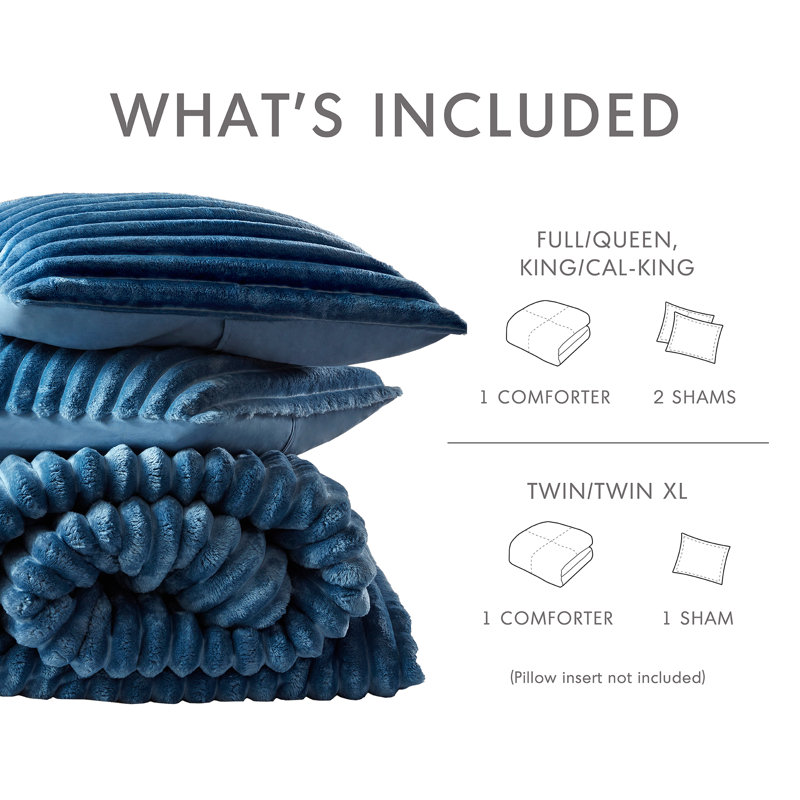 Avril Fluffy Ribbed Plush Comforter Set, Blue, King Comforter + 2 King Shams