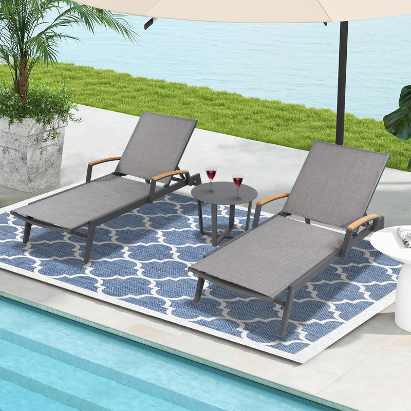 Patio Aluminum Chaise Lounge Set With Phifertex Sling Fabric And Side Table