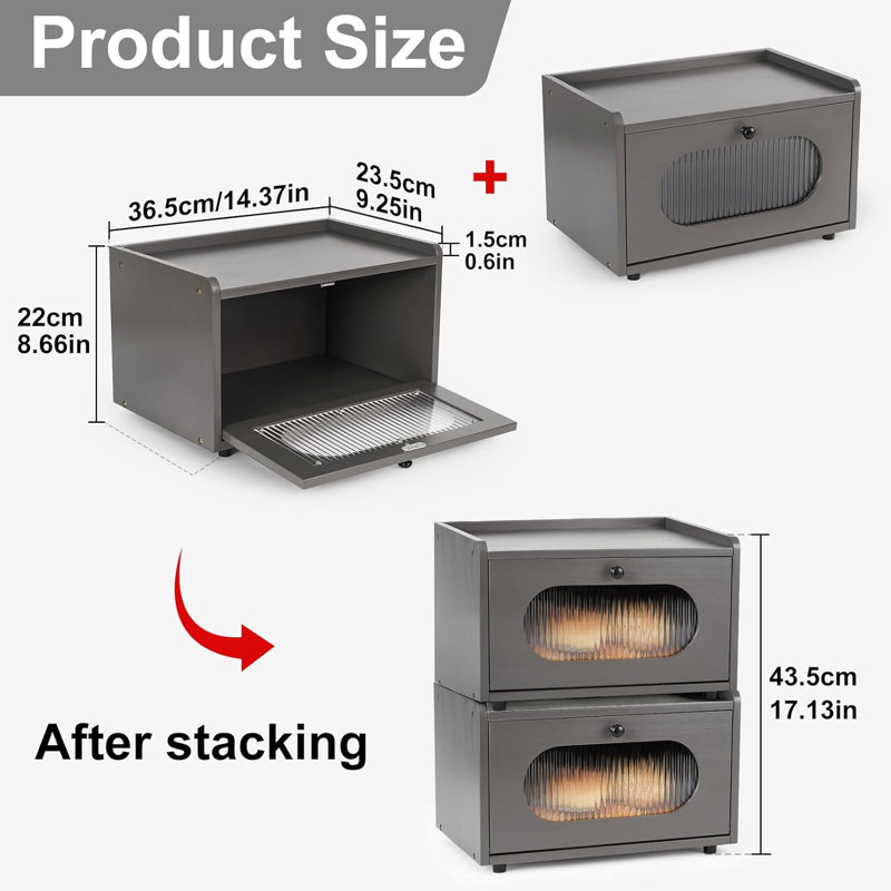 14.37" Stackable Solid Pine Bread Box with Acrylic Door – Ventilated Countertop Storage for Kitchen