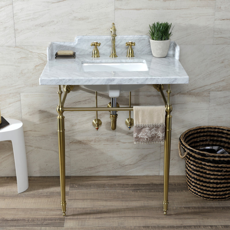 Kingston Brass Habsburg 30-Inch Carrara Marble Console Sink with Brass Legs (8-Inch, 3-Hole), Marble White/Brushed Brass