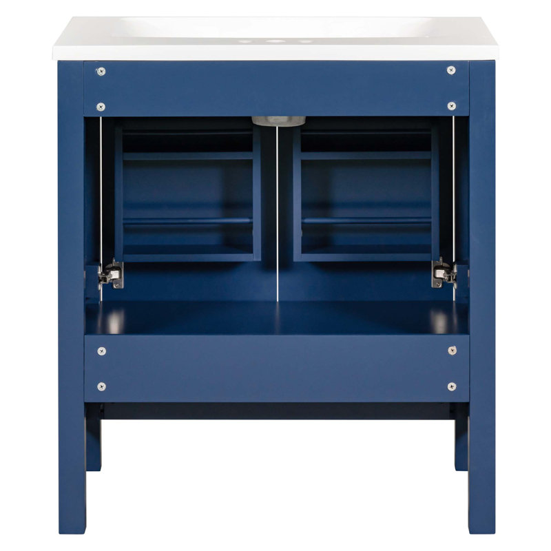 Meuble-lavabo de salle de bain avec lavabo simple, 2 portes à fermeture douce et un tiroir, Bleu