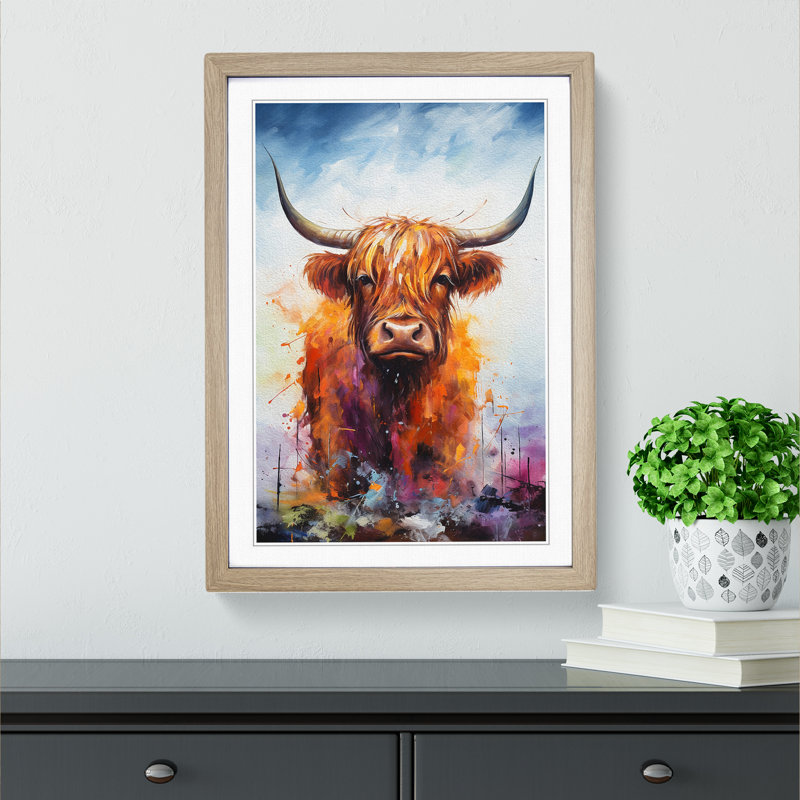 Highland Cow Action Painting - Single Picture Frame Print on Wood, Oak, 64cm H x 46cm W x 2cm D