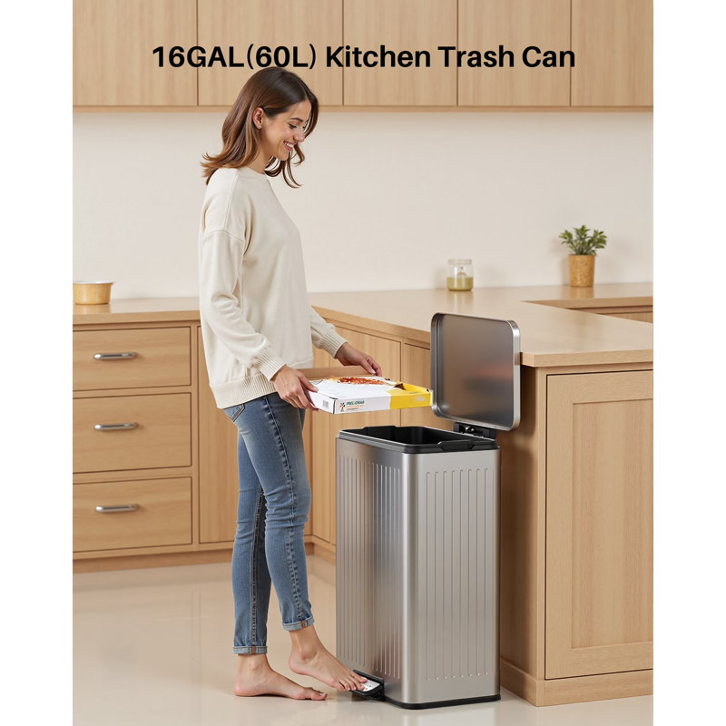 Lovewind 60 Litre Stainless Steel Trash Can with Soft-Close Lid, Large Footstep Garbage Can with Roman Texture, Removable Inner Buckets, Recycling Bin for Kitchen Office, Silver