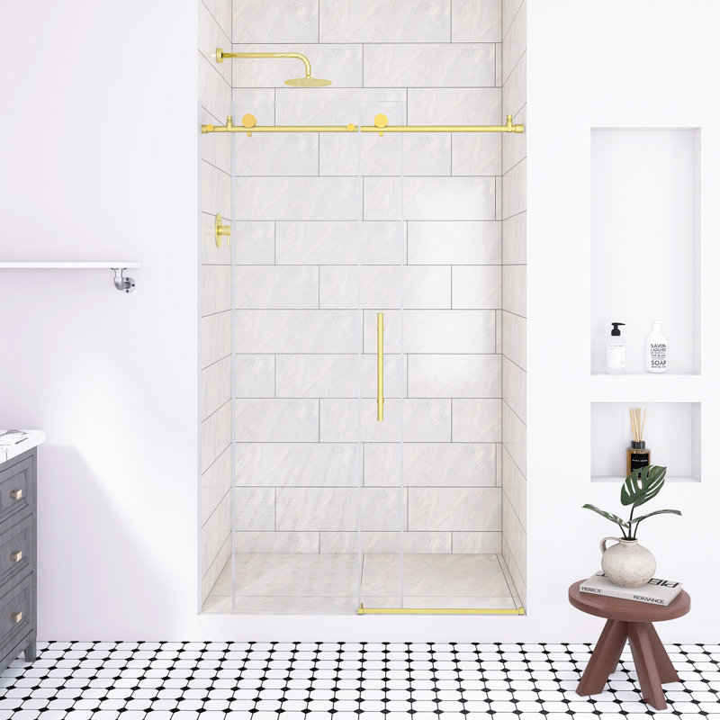 44-48 "W X 76" H Frameless Sliding Shower Door In Brushed Gold｜ 1/4 "(6 Mm)  Tempered Glass｜Elevated Bottom Water Blocking Strip｜Explosion Proof Film｜ Stainless Steel Handle