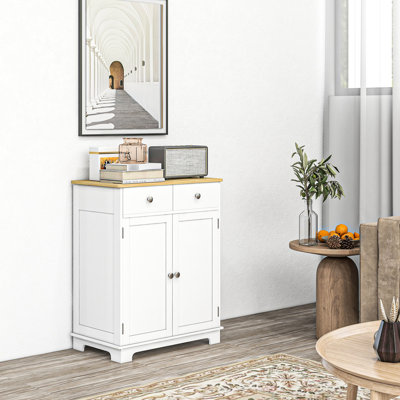 Armoire de cuisine blanc patiné avec comptoir en bois massif avec 2 tiroirs, portes et tablette réglable pour un espace organisé dans les armoires pratiques